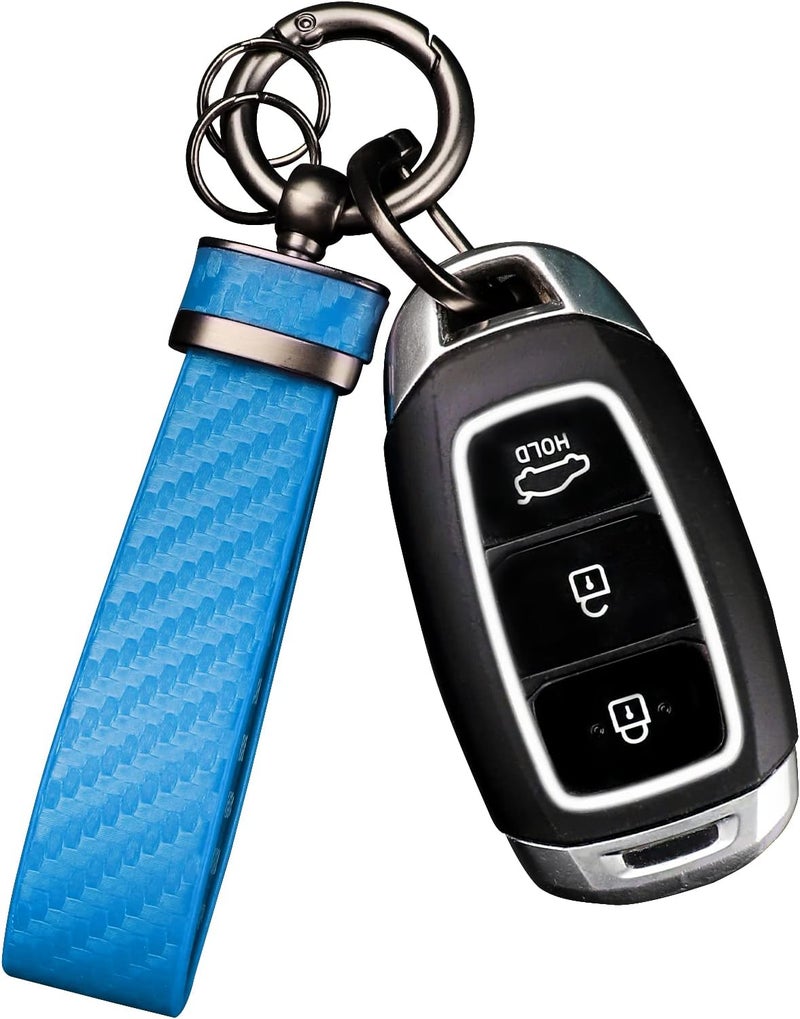 Turcee Carbon Fiber Car Keychain, Leather Car Key Fob & Anti-Lost D-Ring (Blue) - Image 1